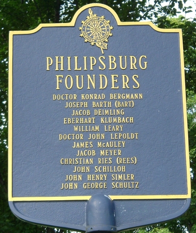 History plaque honoring the 12 original settlers of Philipsburg at N. Central St and Presqueisle St. in Philipsburg, Pa.